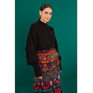 Farm Rio Black Handmade Flowers Sweater / Small / Black Floral Balloon Sleeve